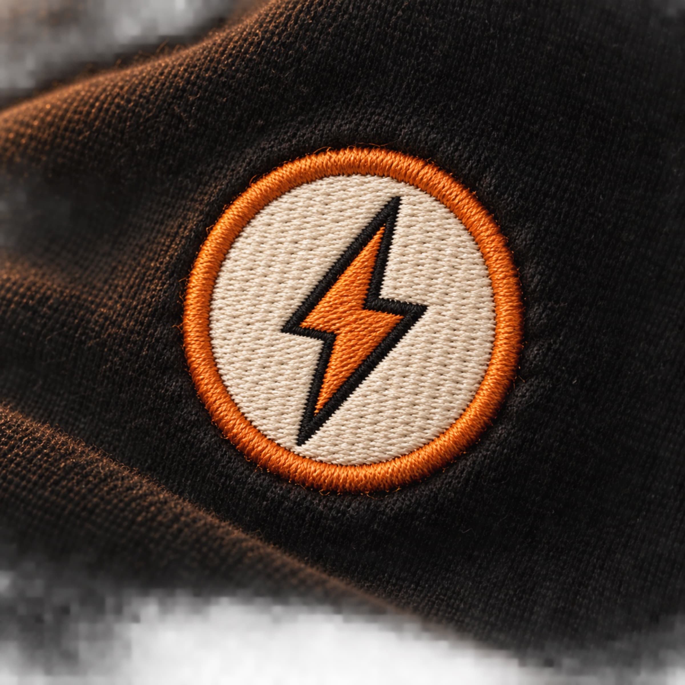 Close-up of an embroidered lightning-bolt badge on a black hoodie