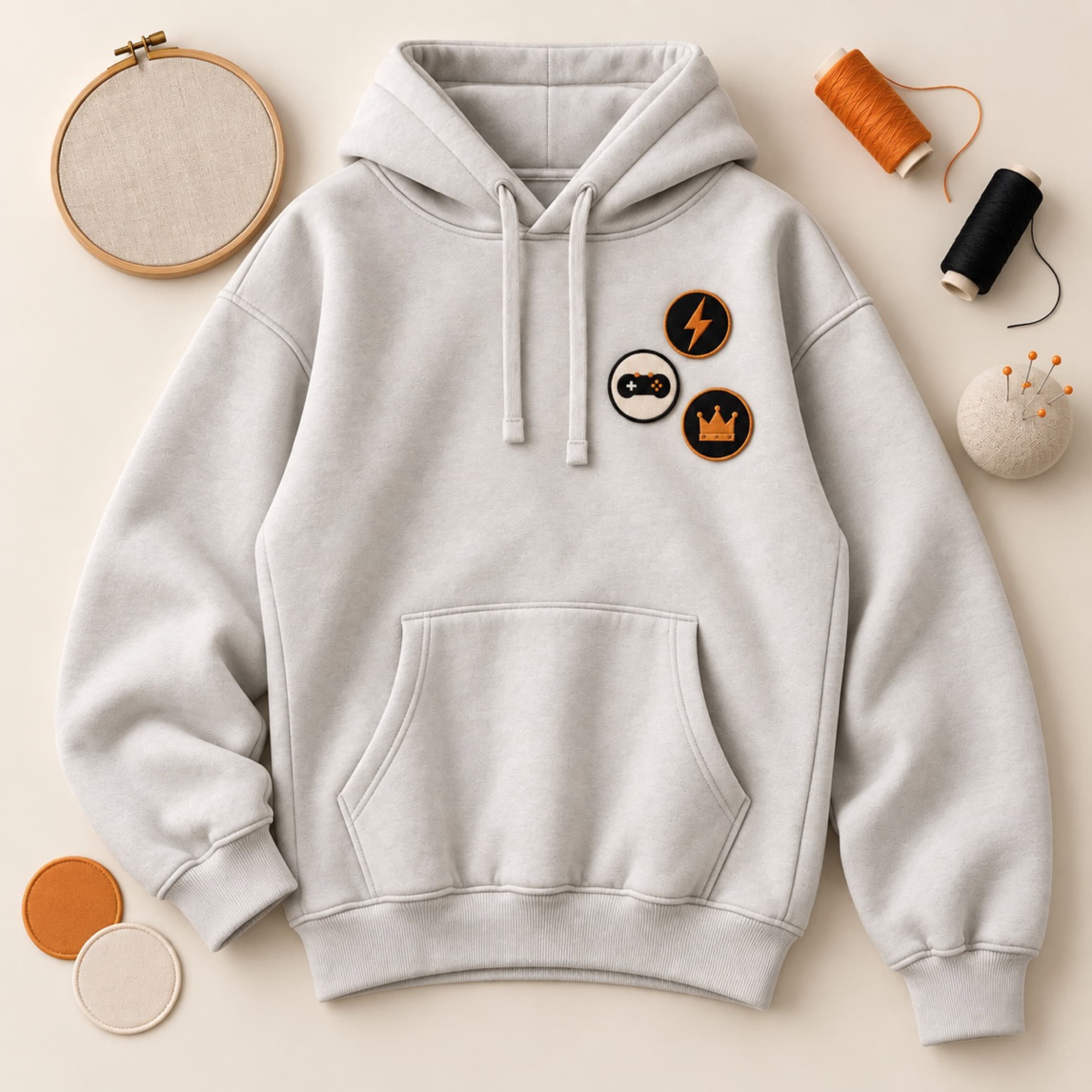 A grey hoodie with three embroidered gaming badges: a lightning bolt, a controller and a crown